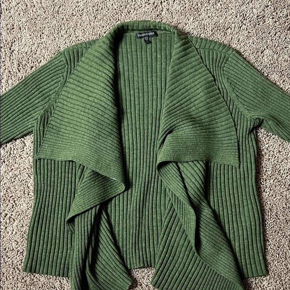 Eileen Fisher 100% Merino Wool Green Open Front Cardigan Sweater Size S